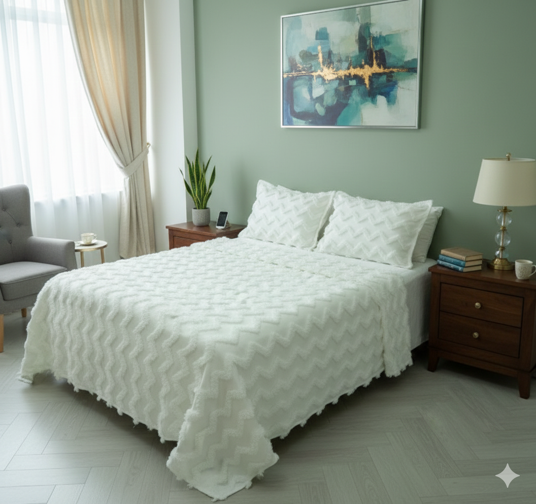 ekru çift kişilik ponpon pike takımı