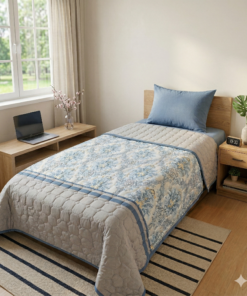 Mavi Damask Desenli Tek Kişilik Kapitone Pike Takımı