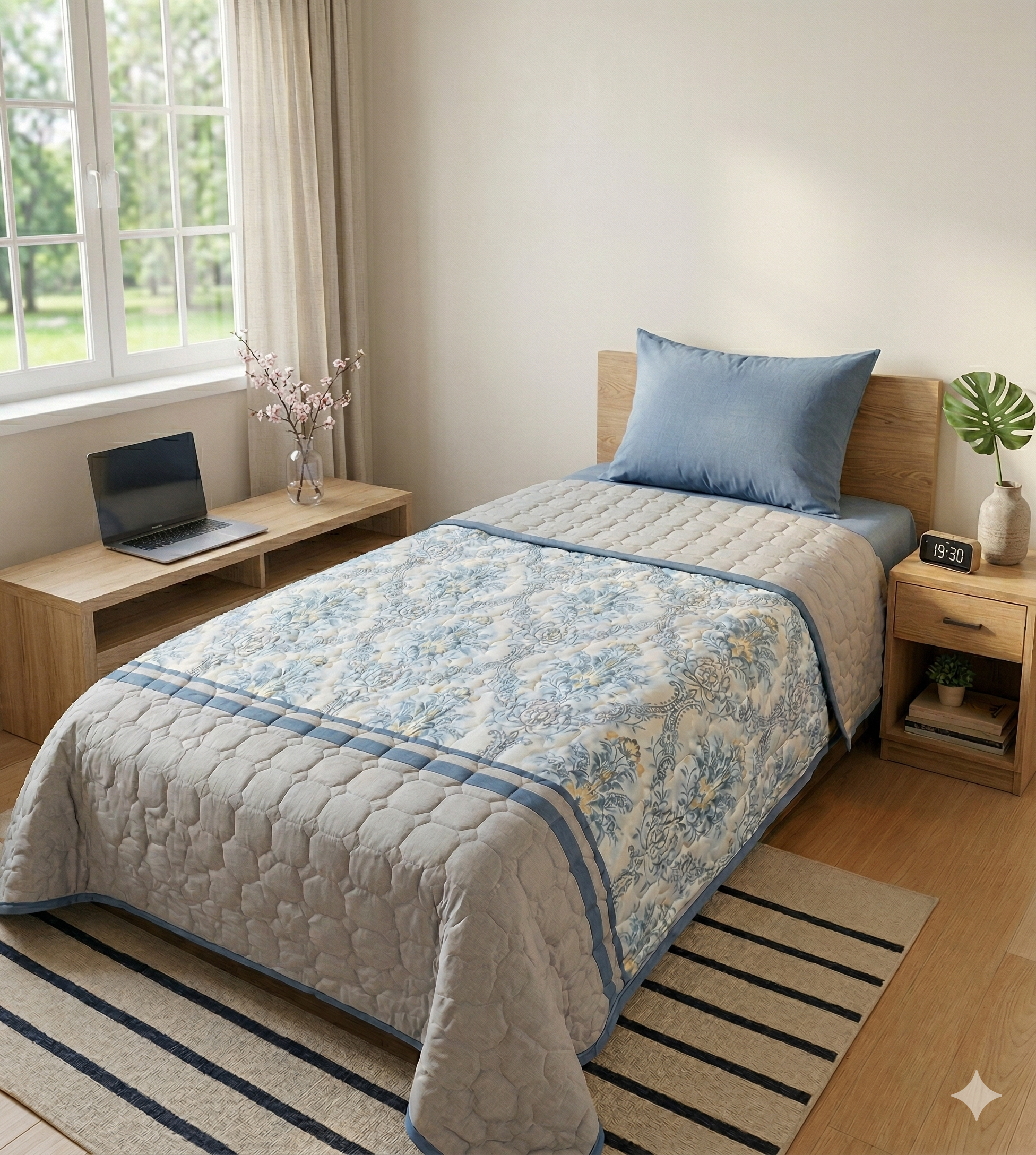 Mavi Damask Desenli Tek Kişilik Kapitone Pike Takımı